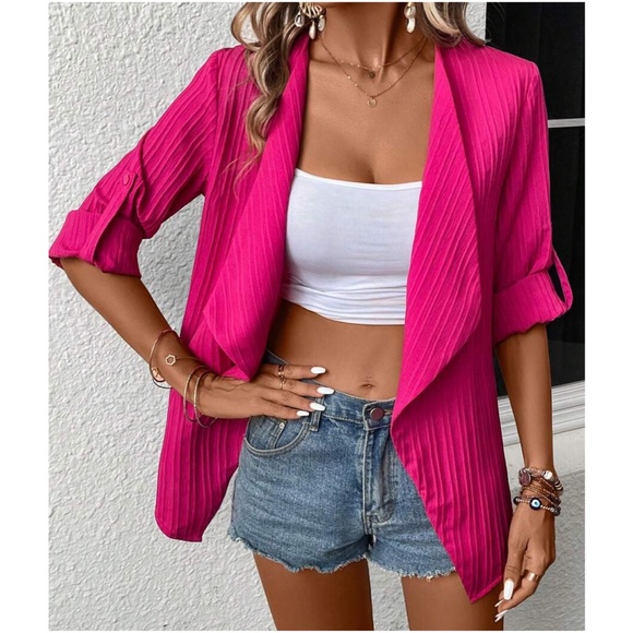 Ribbed Open front Cuffed Sleeve Blazer Jacket - Picture 8 of 12